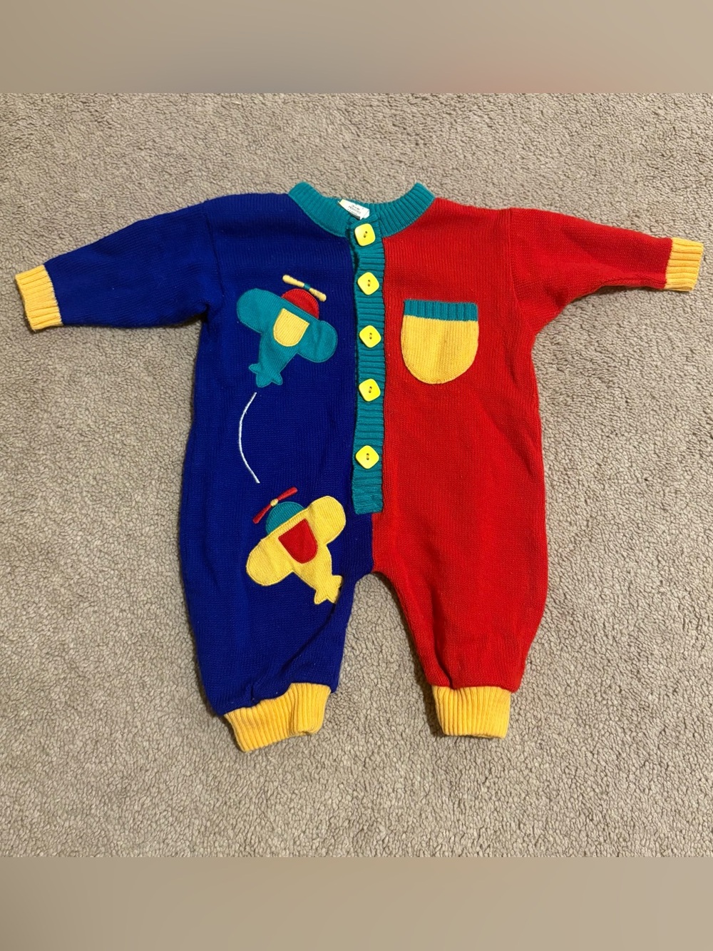 Vintage 80’s Rare Baby Togs Colorblock Knit Airplane One Piece Romper Size 3-6M